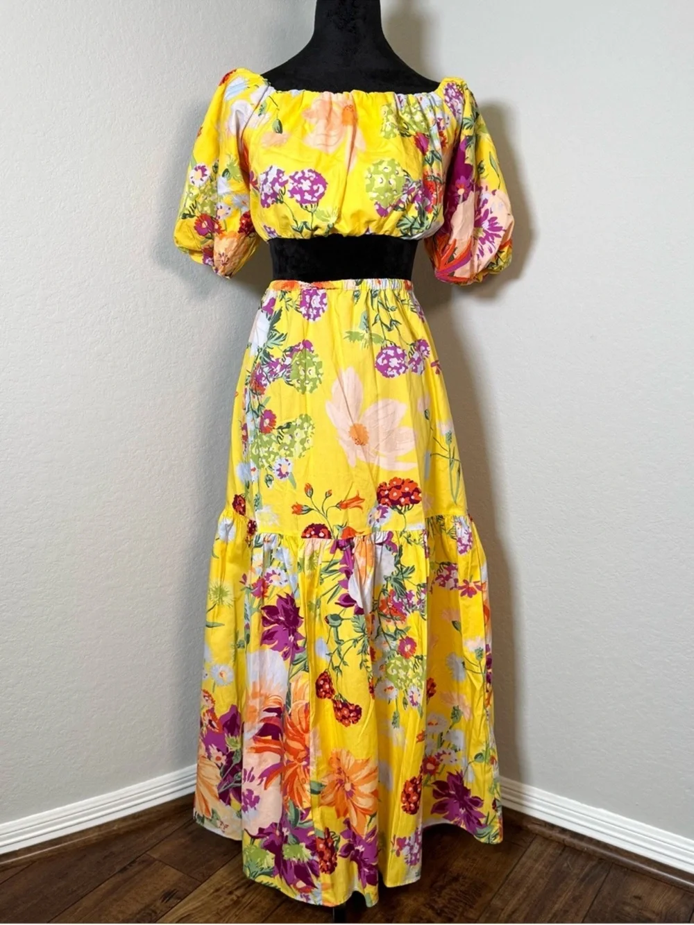 Yellow Floral Tiered Maxi Skirt and top set